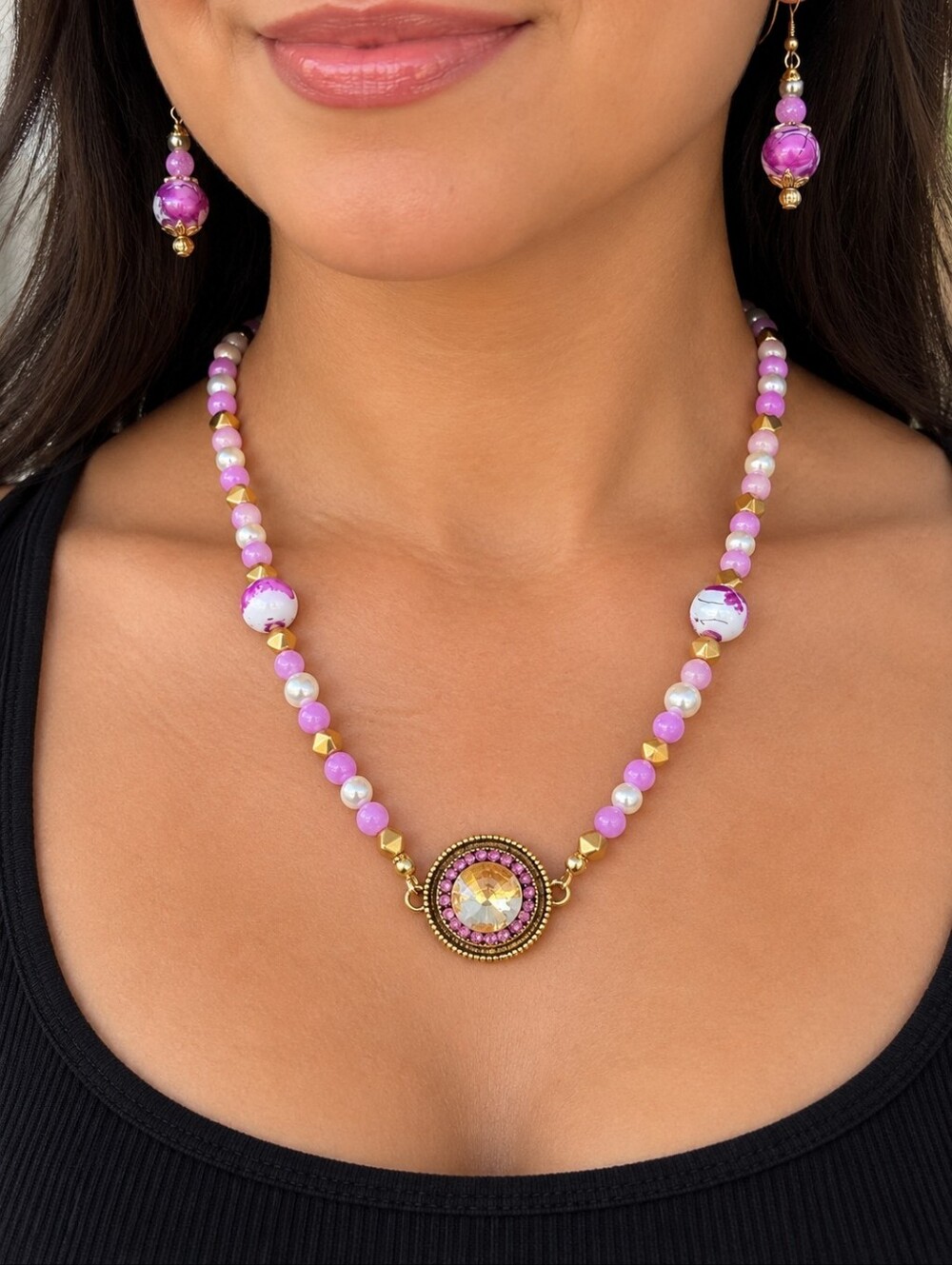 Lilac Beaded Pendant Necklace and Earrings Set
